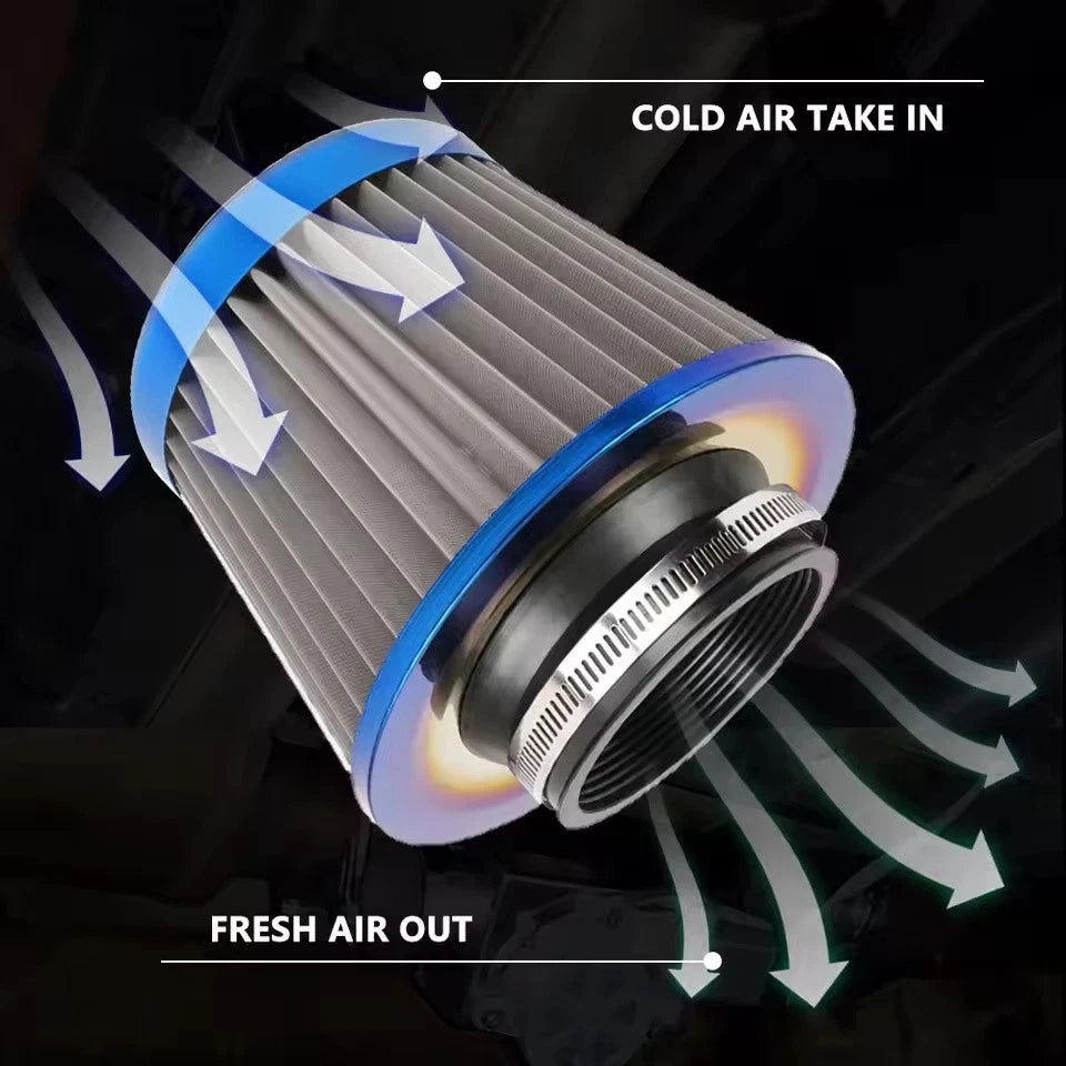 76MM 3" Air Intake Filter Induction Kit Burnt Blue Stainless Steel Mesh Cone NEW