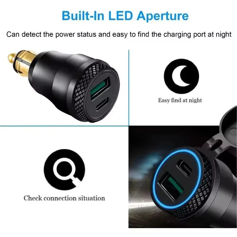 Waterproof Motorcycle USB Charger Adapter 30W QC3.0 & USB-C PD Fast Charging