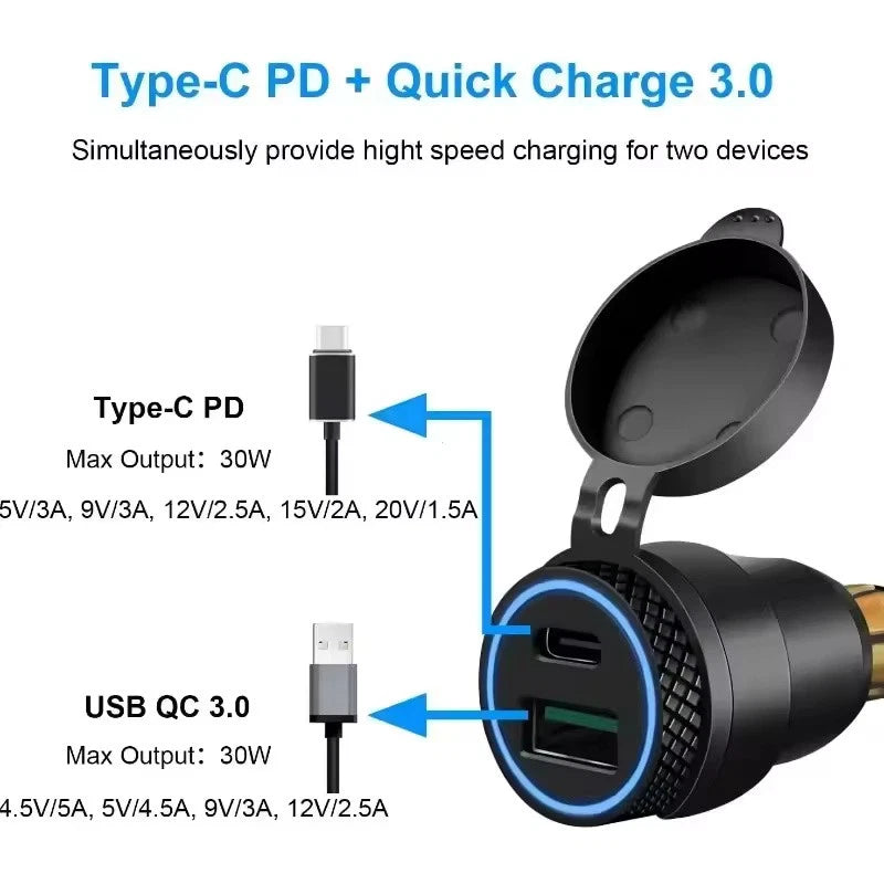 Waterproof Motorcycle USB Charger Adapter 30W QC3.0 & USB-C PD Fast Charging
