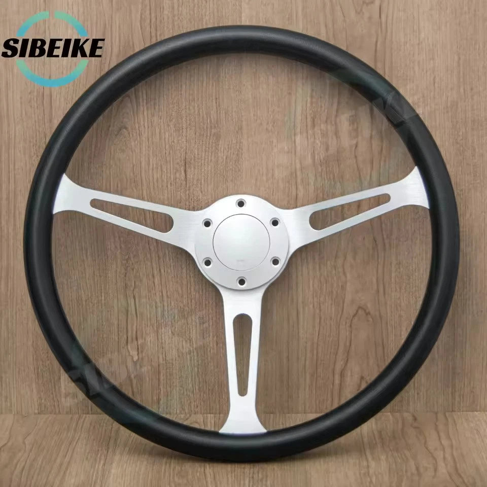 15-Inch PU Leather Racing Steering Wheel Classic Black Silver Sports Universal