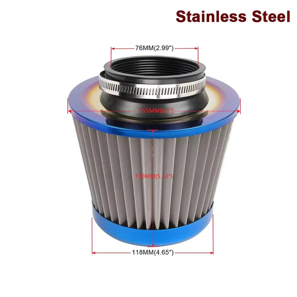 76MM 3" Air Intake Filter Induction Kit Burnt Blue Stainless Steel Mesh Cone NEW