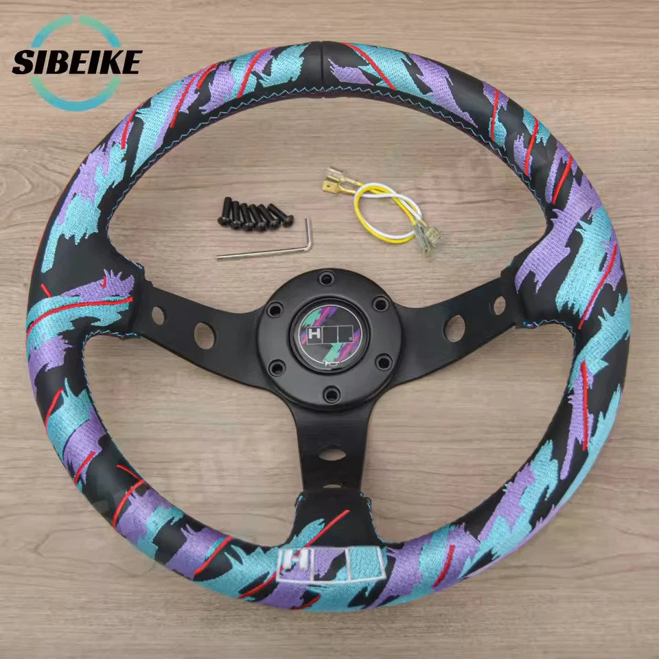 JDM 320mm Racing Steering Wheel Premium Embroidered Deep Dish HKS Style NEW