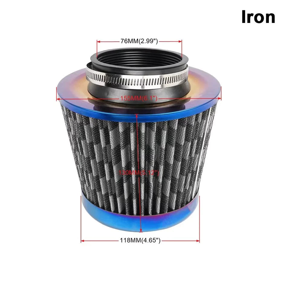 76MM 3" Air Intake Filter Induction Kit Burnt Blue Stainless Steel Mesh Cone NEW