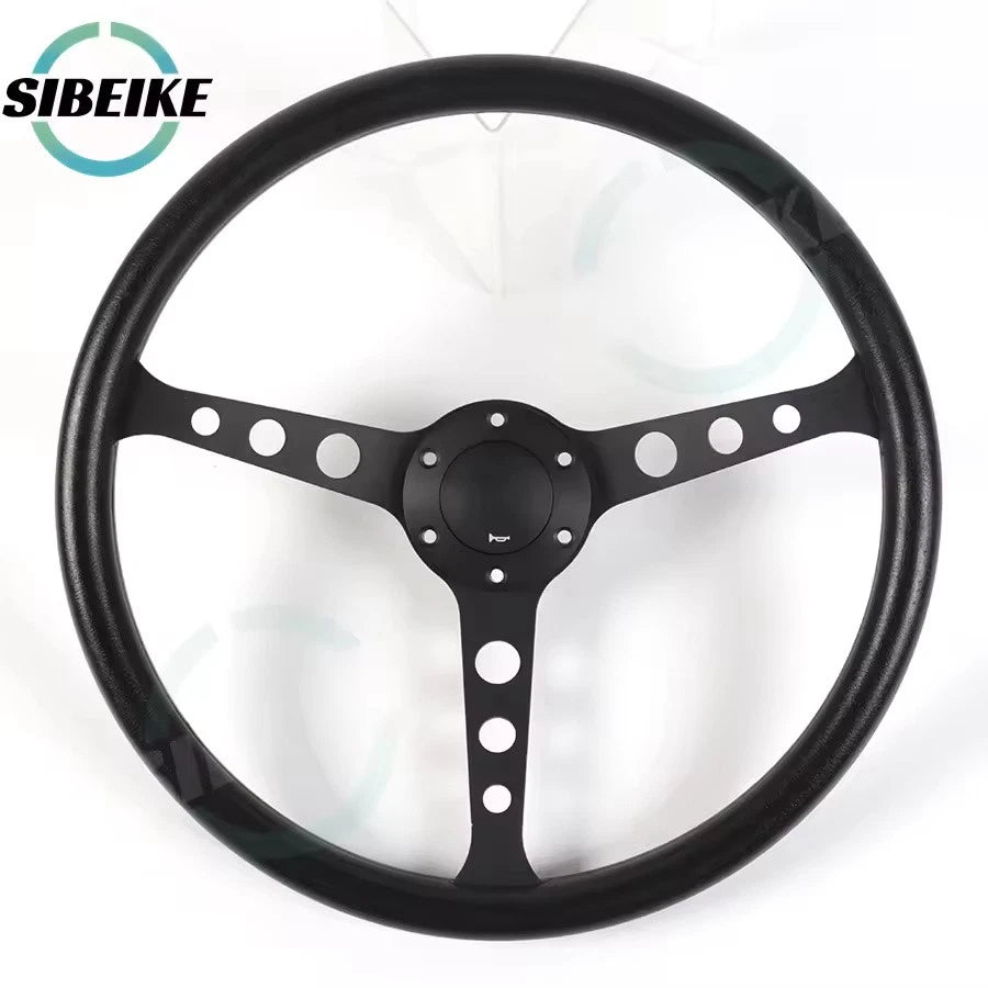 15-Inch PU Leather Racing Steering Wheel Classic Black Silver Sports Universal