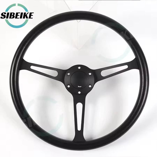 15-Inch PU Leather Racing Steering Wheel Classic Black Silver Sports Universal