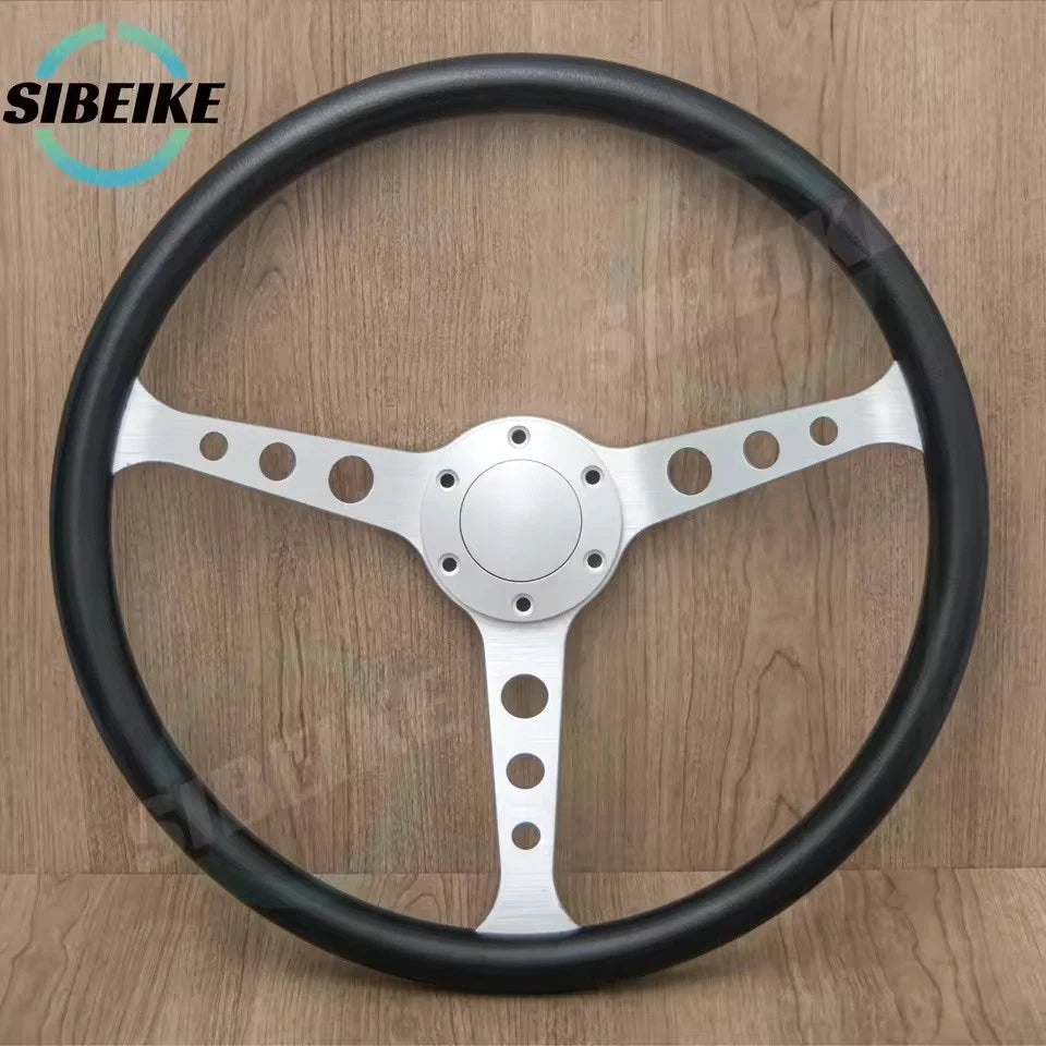 15-Inch PU Leather Racing Steering Wheel Classic Black Silver Sports Universal