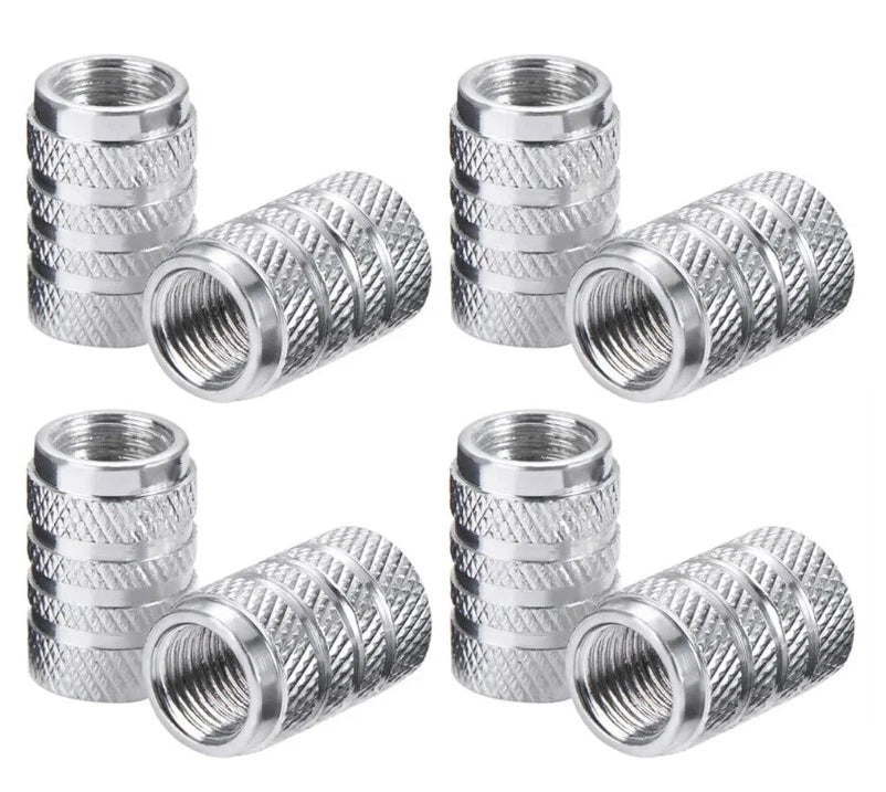 4 pcs Tyre Valve Caps Gloss Silver Knurled Easy Grip Universal Fit AUS Stock NEW