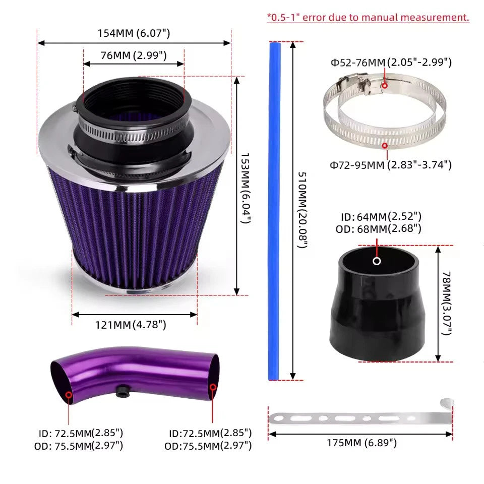 Short Ram Intake Pod Filter High Flow Pipe Kit 76mm Universal Fitment OFI109