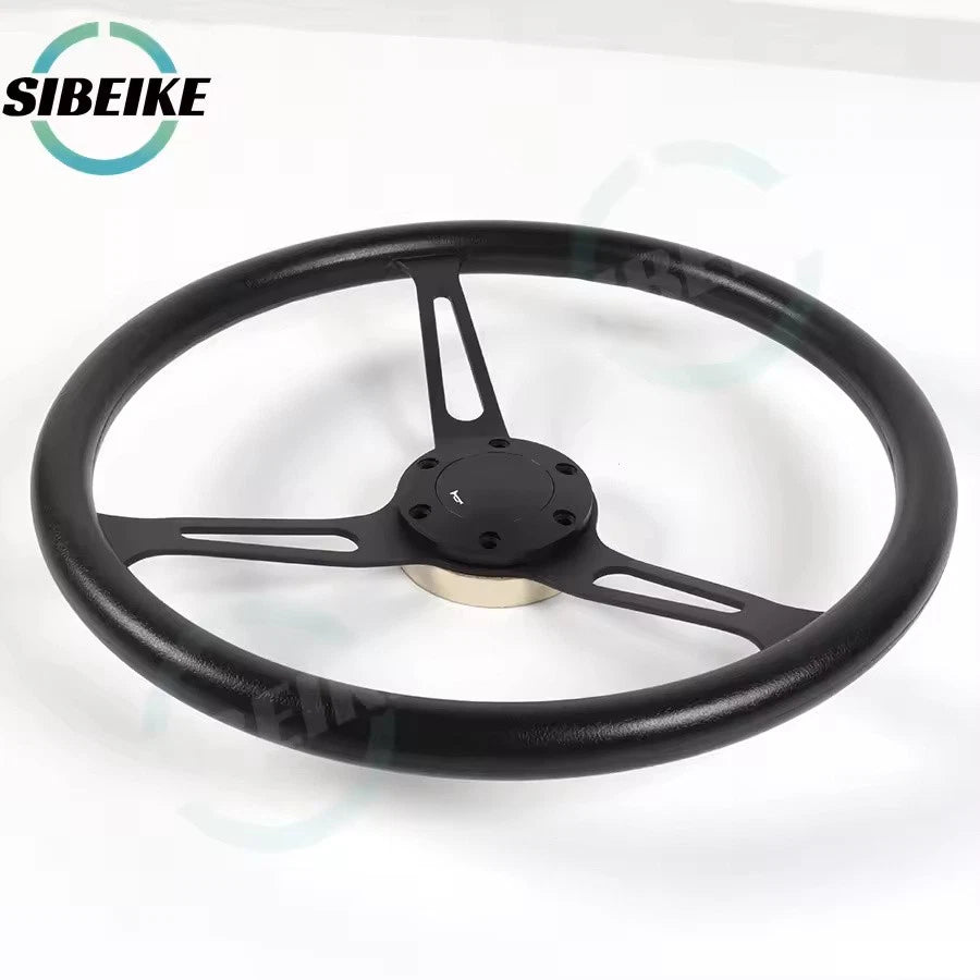 15-Inch PU Leather Racing Steering Wheel Classic Black Silver Sports Universal