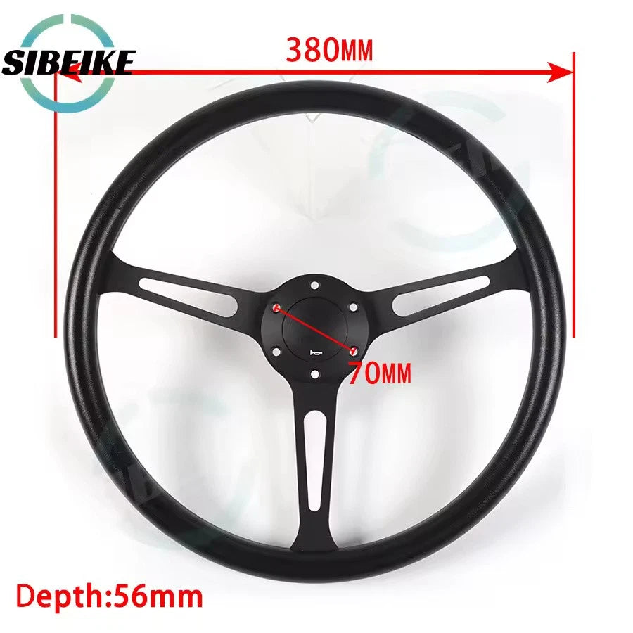15-Inch PU Leather Racing Steering Wheel Classic Black Silver Sports Universal